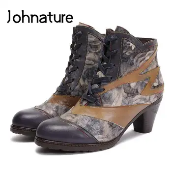 Зимняя обувь Johnature, Женские ботинки из натуральной кожи на молнии в национальном стиле, Новинка 2022 года, Лаконичные ботинки ручной работы на платформе с круглым носком