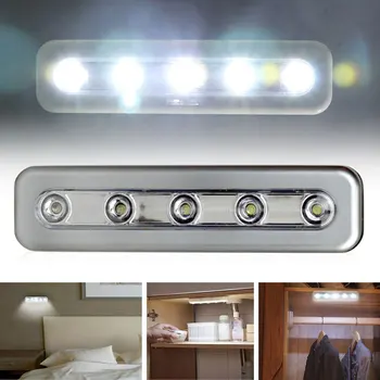 Новый беспроводной ночник с 5 светодиодами, лампа для шкафа, приклеивающийся к стене, настенный светильник, лампа для кухонного шкафа на батарейке 3xAAA
