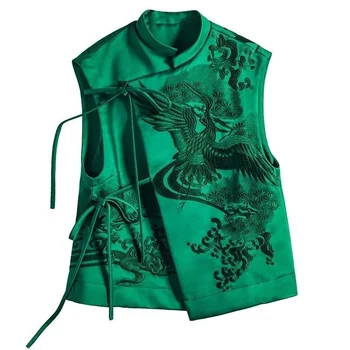 Новая верхняя одежда в стиле ретро с вышивкой в виде тяжелого белого Аиста, Зеленый Кружевной жилет в китайском стиле, куртка Женская 2023, Весенне-летний жилет в китайском стиле