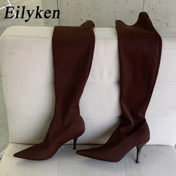 Eilyken/ Высокие сапоги выше колена, Эластичные эластичные сапоги-стрейч, женские пикантные ботинки на низком каблуке с острым носком, Botas Mujer