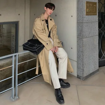Осенний мужской двубортный тренч до колена, модное корейское повседневное пальто средней длины