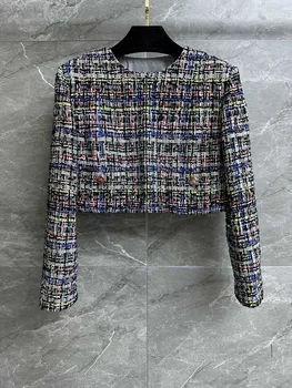 Короткая куртка с шелковой подкладкой в цветную полоску, короткая приталенная версия, повседневная мода 2023, осень, новинка 0427