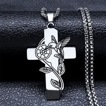 Эстетичное ожерелье с цветочной веткой Колибри, ожерелье с крестом, Нержавеющая сталь, серебряный цвет, подвеска в виде птицы, ожерелье, Подарочные украшения, ошейник