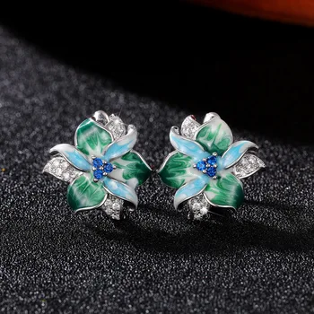 Хрустальные женские маленькие серьги-гвоздики с синим цирконием, роскошные серьги с эмалевым цветком, очаровательные свадебные серьги серебряного цвета для женщин