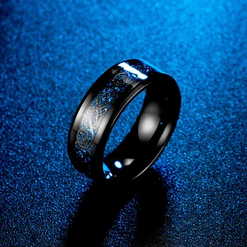 Черное Обручальное Кольцо Viking Dragon Кольца Для мужчин с инкрустацией из нержавеющей стали Синим углеродным Волокном, Панк-кольцо на кулак, Ювелирные Изделия Bague Homme