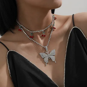 2021 Новый Iced Out Горный Хрусталь Цепочка Колье Ожерелье Мода Большая Бабочка Вишневый Кулон Ожерелье для Женщин Ювелирные Изделия Свадебный Подарок