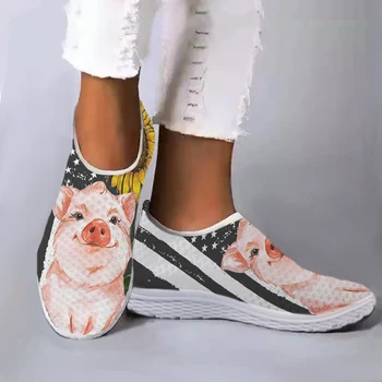 3D קריקטורה חזיר חמניות עיצוב לאומי דגל הדפסת קל משקל לנשימה רשת נעלי בית שטוח נעלי Zapatos