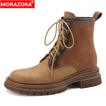 MORAZORA 2023, Новые женские ботинки из натуральной кожи в стиле ретро, осень-зима, ботильоны с узкой лентой, Женская обувь на платформе и толстом среднем каблуке