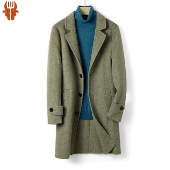 Роскошное винтажное шерстяное мужское пальто средней длины из 100% шерсти с двусторонним рисунком в елочку 2023 года, синее армейское зеленое пальто для мальчиков