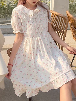 Милое Элегантное Белое платье Mori Girl, женское летнее платье принцессы с воротником Питер Пэн, мини-платье с цветочным принтом и вишневыми Кавайными оборками.