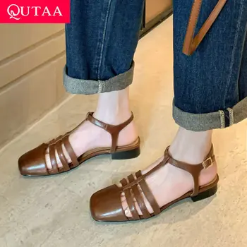 QUTAA 2023, Женские босоножки на низком каблуке с т-образным ремешком, летняя повседневная рабочая обувь из натуральной кожи с круглым носком, Женский размер 34-40