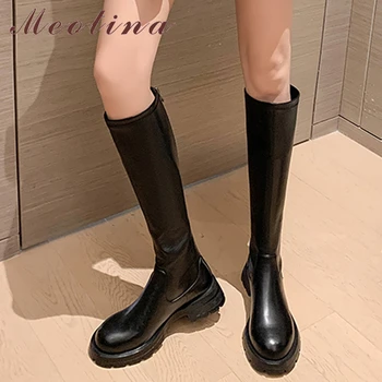 Meotina/ Женские сапоги до колена из натуральной кожи для верховой езды на плоской подошве с круглым носком и застежкой-молнией, женские модные длинные ботинки, осенне-зимняя обувь коричневого цвета 40 г.