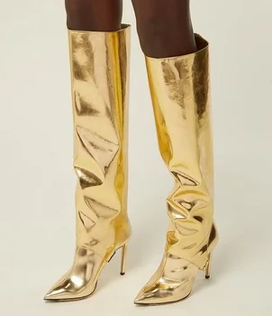 Сексуальные ботинки для подиума из золотистой зеркальной кожи с острым носком, сапоги до бедра на тонком каблуке, женские зимние длинные сапоги из лакированной кожи большого размера