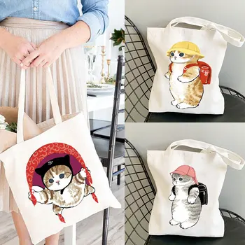 Сумка-тоут Kawaii Cats большой емкости, пляжная сумка, сумки для покупок в мультяшной манге, холщовые сумки через плечо, женские сумки для покупок