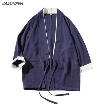 Мужская куртка-кимоно с двойным воротником 2020, Весна-лето, Тонкое пальто из хлопка и льна, Японский стиль, мужские Хаори с рукавами три четверти
