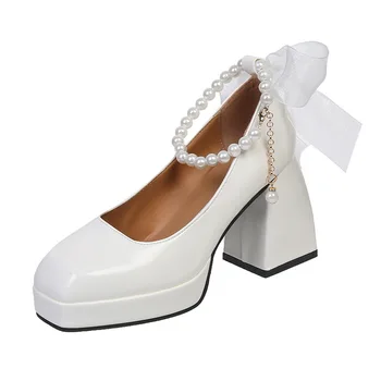 Туфли-лодочки на платформе с цепочкой и жемчужным ремешком, женская обувь 2023 года, модные туфли на высоком каблуке, белые женские вечерние свадебные туфли Mary Janes на толстом каблуке