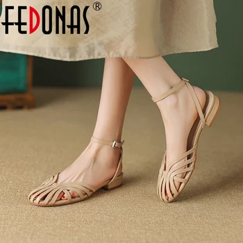 Женские босоножки FEDONAS на низком каблуке в стиле ретро, лаконичный узкий ремешок на щиколотке из натуральной кожи, базовая повседневная рабочая обувь, Женская летняя обувь