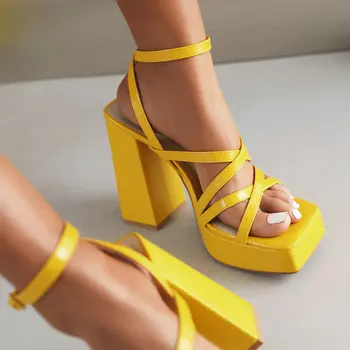 Большие Размеры 34-44, Пикантные Женские туфли на высоком каблуке с Открытым носком Желтого цвета, Летние Роскошные Вечерние Платья, Босоножки На платформе