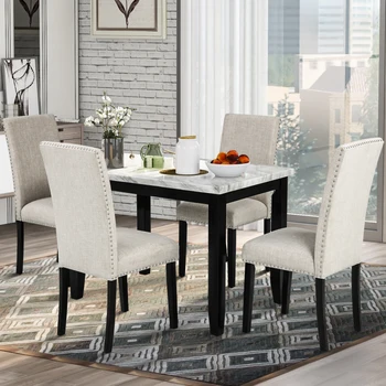 Обеденный стол в стиле искусственного мрамора из 5 предметов с мраморными наклейками, кухонный стол из МДФ с 4 утолщенными подушками для домашней кухни
