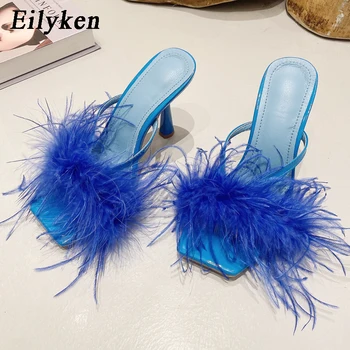 Eilyken/ Летние тапочки с открытым носком, женские модные пушистые босоножки на высоком каблуке, уличный стиль, женские банкетные туфли-лодочки, слайды
