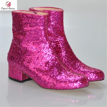 Первоначальное намерение: розовые ботильоны с блестками, женские ботинки на квадратном каблуке с круглым носком, стильная великолепная обувь для вечеринок, Sweet Lady, большие размеры