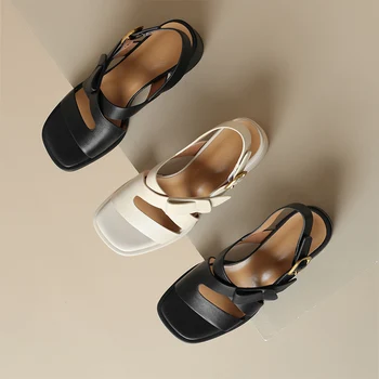 2023 Женские ретро-сандалии, повседневная обувь из натуральной кожи на каблуке толщиной 5 см, женская элегантная повседневная обувь в стиле ретро, LX65