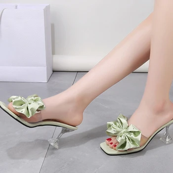 Женские тапочки 2023, блестящие туфли на каблуке с бантиком, модные прозрачные босоножки с открытым носком, Элегантные сексуальные женские туфли на тонком каблуке для вечеринки
