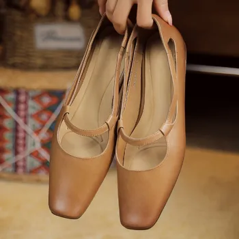 Женские балетки без застежки из коровьей кожи с квадратным носком, открытые женские мягкие удобные балетки высокого качества, распродажа повседневной обуви