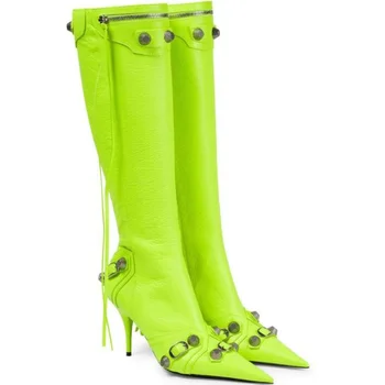 Новые женские сапоги на высоком каблуке, женские сапоги до колена на шпильке с острым носком, Пикантные женские ретро-туфли-лодочки с заклепками, ботфорты с длинными ботинками