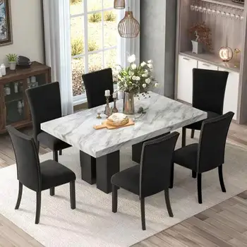 Обеденный стол из 7 предметов, включающий 1 обеденный прямоугольный стол из искусственного мрамора и 6 стульев с мягкими сиденьями, для столовой