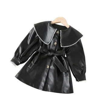 Черные куртки с лацканами из искусственной кожи для девочек, пальто с длинными рукавами, модная повседневная одежда принцессы на весну-осень для детей 2-7 лет