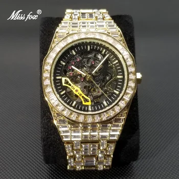 Механические часы с горячим льдом для мужчин, роскошные Золотые Автоматические часы с муассанитом, хип-хоп Наручные часы с турбийоном с полым циферблатом