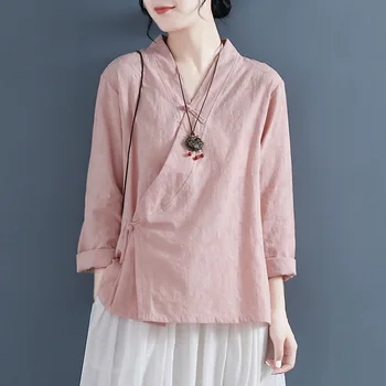 2023 Новая Китайская Традиционная Блузка Для женщин, Повседневный Хлопковый Льняной костюм Hanfu с V-образным воротником и пуговицами, топ, костюмы для косплея, женская одежда