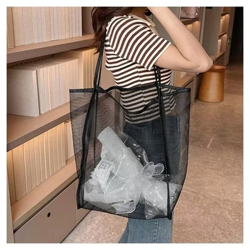 Женская сетчатая прозрачная сумка, повседневная сумка через плечо большой емкости, однотонная женская пляжная сумка для отдыха, дорожная сумка для покупок