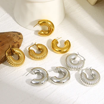 Великолепные Модные круглые серьги-кольца из нержавеющей стали для женщин, Позолоченные Металлические Толстые зажимы для ушей, Текстурированные серьги, ювелирные изделия 2023