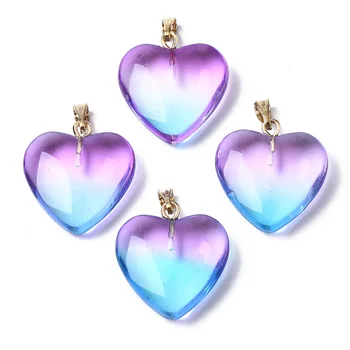 10шт двухцветных стеклянных подвесок-сердечек, окрашенных распылением, для украшения ожерелья, 22x20,5x7 мм, отверстие: 6x2 мм