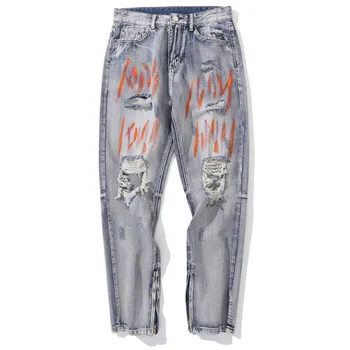 Кисть для рисования рваных джинсов Осень-зима 2022, новые популярные уличные повседневные прямые брюки с разрезом на молнии