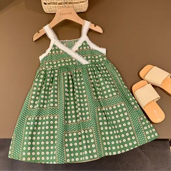 Летнее зеленое кружевное платье-жилет с цветочным рисунком в стиле Лолиты для маленьких девочек, повседневное платье миди, детские платья для подростков, праздничный сарафан принцессы