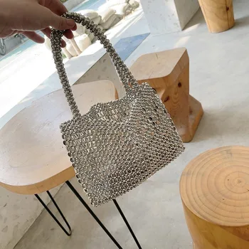 Винтажная металлическая сумка с блестками, Женская повседневная однотонная сумка на цепочке, новинка 2023 года, сумка ручной работы, расшитая бисером, праздничная сумка на плечо