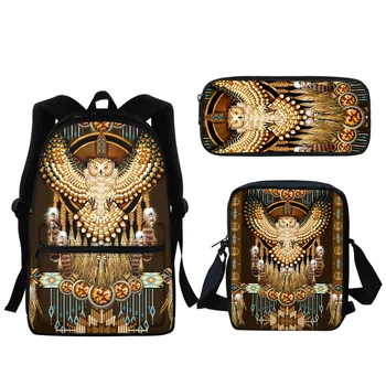 Рюкзак с племенной совой роскошного дизайна, комплект из 3 предметов, школьная сумка для подростков, пенал для карандашей большой емкости, маленькая сумка-мессенджер